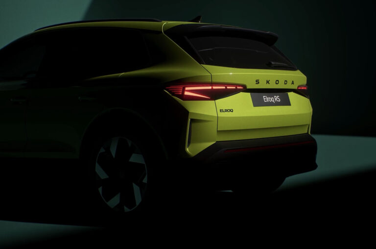 skoda elroq teaser the rear of the car is shown in the shadows