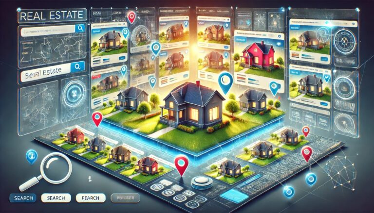 DALL·E 2025 04 16 13.50.13 An artistic high quality digital illustration of a real estate website interface showcasing multiple home listings inspired by popular platforms lik