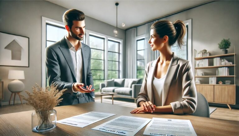DALL·E 2025 04 22 12.28.59 A clean professional wide format illustration for a real estate website showing a confident real estate agent explaining disclosure forms to a home