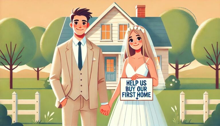 DALL·E 2025 04 23 11.52.05 Heartwarming illustration of a newlywed couple standing in front of a small cozy house with a sign that reads Help us buy our first home. The coupl e1745434461971